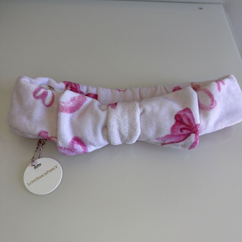 Love Shack Fancy Rare Print Face Wash Headband With Bow Blushing Kisses NWT Pink
